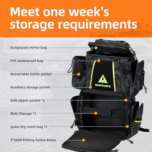 Ghosthorn Fishing Tackle Backpack with 4 3600 Tackle Boxes Rod Holder Outdoor 43L Large Bag with Detachable Wasit Bag Storage Gear and Equipment Waterproof - Thumbnail 3
