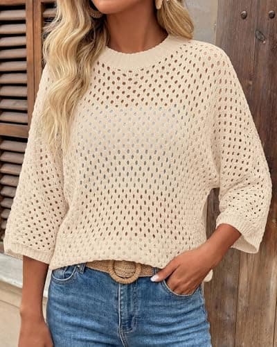 KIRUNDO Crochet Tops for Women Summer Batwing Sleeve Beach Sweater Lightweight Knit Cover Up Shirts Cruise Vacation Outfits(Beige, Large) - Thumbnail 4