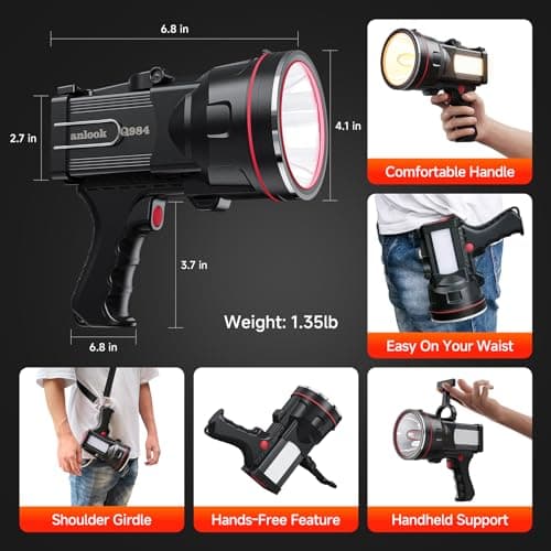 Rechargeable Spotlight Flashlight, Waterproof Outdoor Handheld Spot Light, Built-in Kickstand and Phone Charger, Emergency Light for Camping, Boat, Hunting, Hiking (Warm White) - Thumbnail 2