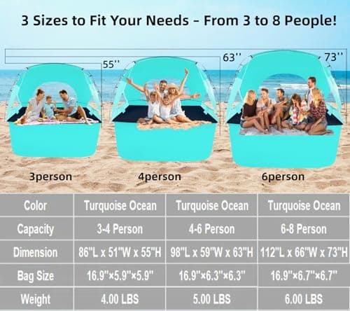 Beach Tent, Portable Sun Shelter for 2/3/4/6-8 Person with UPF 50+ UV Protection, Easy Setup Waterproof Beach Shade Canopy Cabana for Family Outdoor and Picnics, Fishing with Carrying Bag - Thumbnail 5