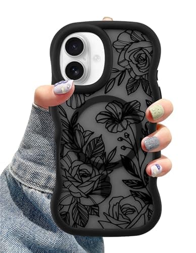 Aitipy Magnetic Case for iPhone 16 Plus, Compatible with MagSafe, Cute Black Flower Floral Aesthetic Soft Silicone Curly Wavy Shockproof Protective Phone Cover for Women Girls - Image 1