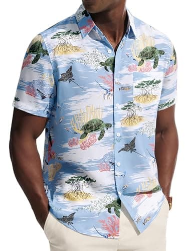 PJ PAUL JONES Hawaiian Shirt for Men Short Sleeve Button Down Shirts Wrinkle Free Collared Shirts with Pocket Tropical Ocean Print - Image 1