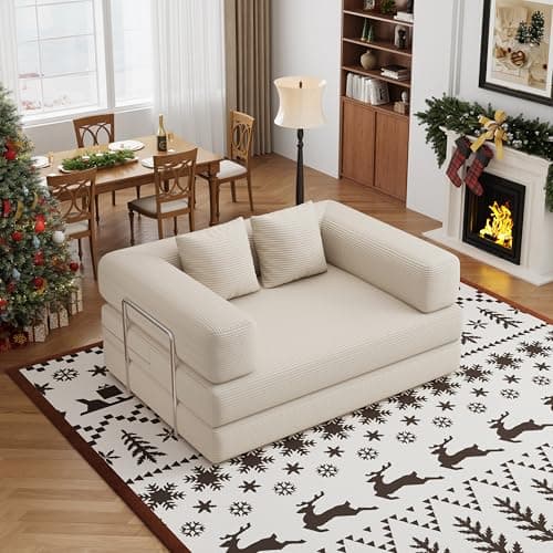 BSHOMGI 4 in 1 Futon Sofa Bed Queen Size - Foldable Convertible Sleeper Sofa Couch, Removable Washable Corduroy Cover, Space Saving Floor for Living Room (Beige, 53.15" Double Sofa) - Thumbnail 4
