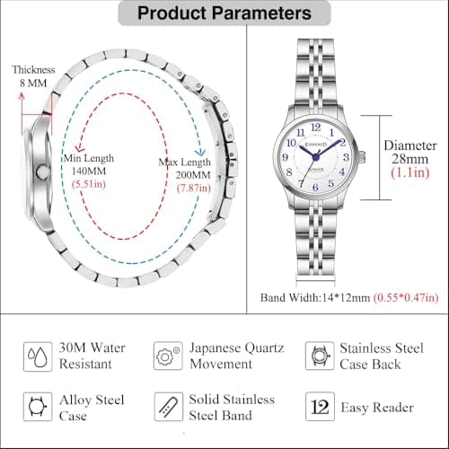 KNISKRED Easy Reader Watch for Women with Solid Stainless Steel Band Ladies Dress Watch Water Resistant (Silver) - Thumbnail 6