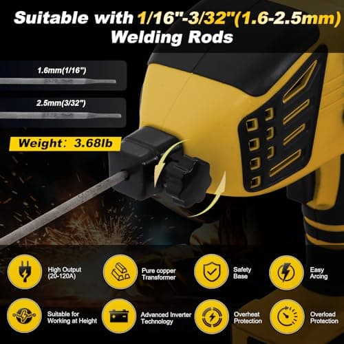 ITMIAYA® Portable Welding Machine 110V ARC Stick Welder Handheld for Metal IGBT Inverter 20-120Amps Stepless Current 1/16"-3/32" Electrodes Home Repair DIY Work (Yellow) - Thumbnail 6