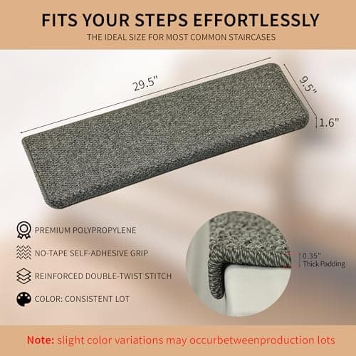 Bullnose Carpet Stair Treads, 14Pack - 29.5"x9.5"x1.5" Stair Treads Non-Slip for Wooden, Peel and Stick Stair Runner, Edging Stair Protectors, Pet Friendly, Washable (14, Gray) - Thumbnail 3