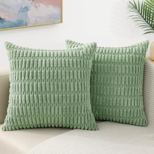 decorUhome Light Sage Green Neutral Decorative Throw Pillow Covers 20x20 Inch Set of 2, Boho Soft Corduroy Striped Square Pillow Covers Modern Twill Pillow Covers for Couch Bed Sofa Living Room - Image 1