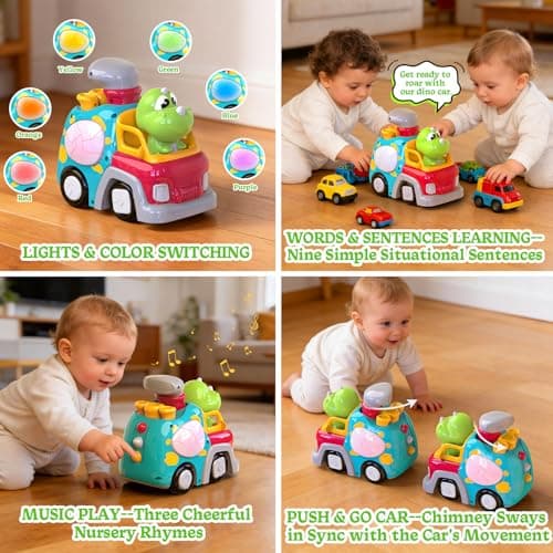 P&C Dinosaur Truck Toys for 1 2 3 Year Old Boys Girls, 18-36 Months Baby Toy with Music & Lights, Montessori Learning Toy for Crawling Walking, Educational Push Car for Toddlers, Birthday Gift - Thumbnail 5