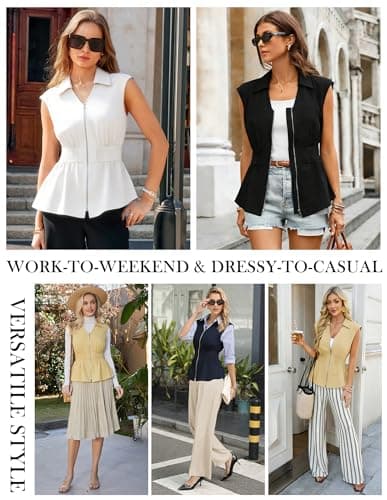 GRACE KARIN Womens Peplum Tops Business Casual,Short Sleeve Work Blouses Summer,Zipper V Neck Shirts Cinched Smocked Waist, Black, X-Large - Thumbnail 2