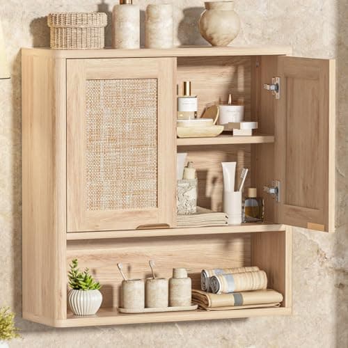 LEYAOYAO Rattan Bathroom Wall Cabinet, Boho Medicine Cabinet with Adjustable Shelf & Doors, Over The Toilet Storage Cabinets Organizer for Laundry Room, Kitchen, Living Room, Natural - Image 1