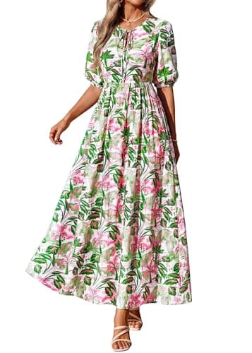 KIRUNDO Spring Dresses for Women 2026 Summer Wedding Guest Boho Floral 3/4 Sleeve Beach Vacation Cruise Flowy Maxi Dress(Green, Medium) - Thumbnail 3