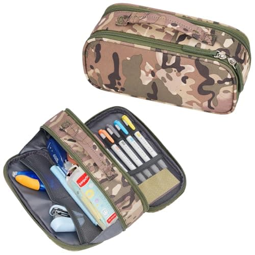 ECHSRT Tactical Pencil Case for Boy, Extra Large Capacity Camo Pencil Pouch for Men Adults, 3 Compartment Zipper Pen Case, Small Tool Bag Organizer for School Office Travel - Camo Green