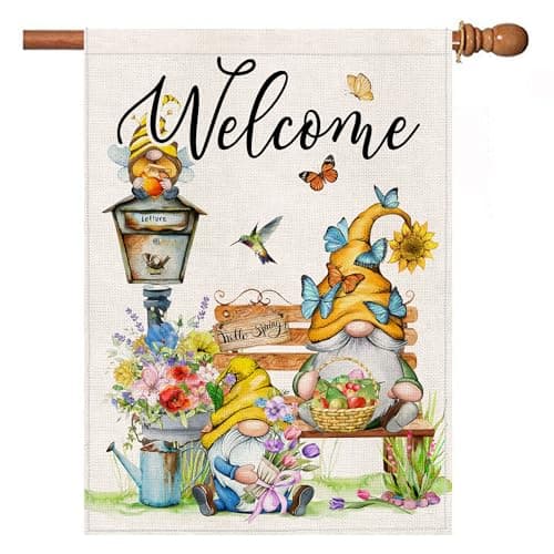 Spring Flag, Spring House flags 28 x 40 Double Sided, Welcome Yard Outdoor Flag, Gnome Floral Decorative Flags for Outside House - Image 1