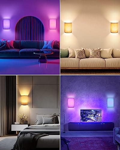FINCMY Battery Operated Wall Sconces Set of Two, 18 RGB Colors Stick on Wall Lights with Remote, Changeable Dimmable Height Fabric Battery Powered Wall Lights for Bedroom Living Room Hallway - Thumbnail 6