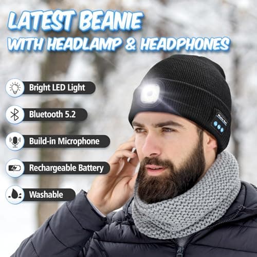 KEZKALS Gifts for Men LED Bluetooth Beanie Hat Camping Hiking Accessories, Gifts for Men Who Want Nothing, Cool Gadgets Anniversary Birthday Gift for Dad Husband Him Boyfriend, Cool Gadgets Black - Thumbnail 3