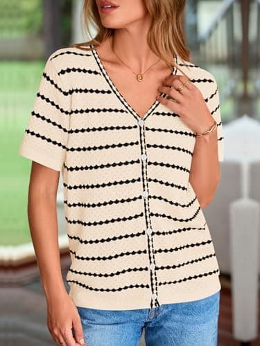 NALANISA Women's Summer Button Down Striped Shirts Casual Short Sleeve V Neck Crochet Knit Blouse Tops Lightweight Cardigans (Apricot,XXL) - Thumbnail 2
