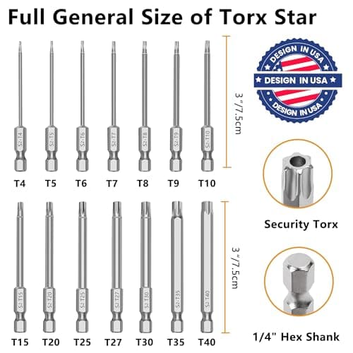 MulWark 14PC Security Torx Bit Set 3" Long Tamper Proof Star Screwdriver Bit Set 1/4" Hex Shank S2 Steel T4 - T40 Magnetic Impact Driver Drill Bits - Thumbnail 2
