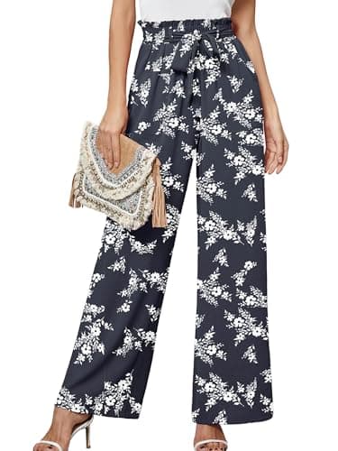 Heymoments Women's Wide Leg Pants with Pockets Lightweight White Flower Navy XX-Large High Waisted Tie Knot Paperbag Dressy Palazzo Loose Paper Bag Comfy Business Casual Work Flowy Trousers - Image 1