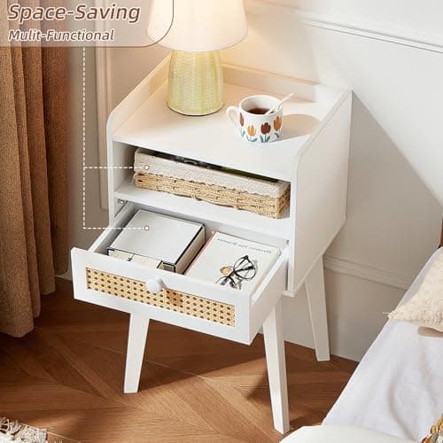 Lerliuo Rattan White Night Stand with Drawer Open Shelf, Cane Accent Nightstand Bed Side End Table with Solid Wood Legs, Boho Nightstands Bedside Tables for Bedroom Living Room Dorm and Small Spaces - Thumbnail 4