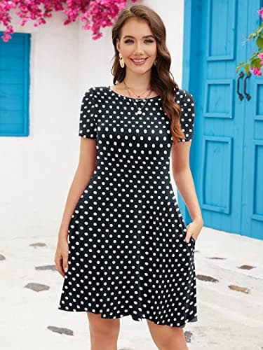 KORSIS Summer Dresses for Women Polka Dot Black 3X-Large Casual T Shirt Dress Short Sleeve Swing Flowy Ladies Beach Vacation Sundress with Pockets - Thumbnail 5