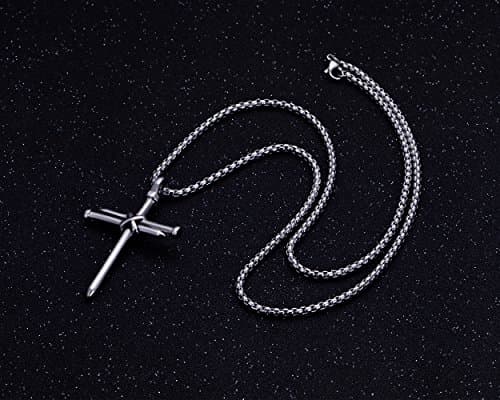 Rehoboth Men's Stainless Steel Nail Cross Pendant Necklace With 24 Inch Chain for Men Silver - Thumbnail 2