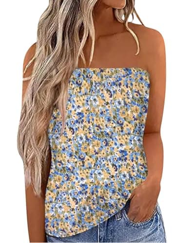 IWOLLENCE Women's Floral Tube Tops Casual Summer Backless Strapless Top Sleeveless Bandeau Tanks Shirt Flowy Beach Coverups Blue Yellow, S - Image 1