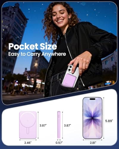 Aterob for Magsafe Power Bank 5000mAh, 15W Wireless Magnetic Battery Pack with 20W PD Fast Charging, Utra-Slim Portable Charger for iPhone 17/16/15/14/13/12 Series, Travel Essentials (Purple) - Thumbnail 2