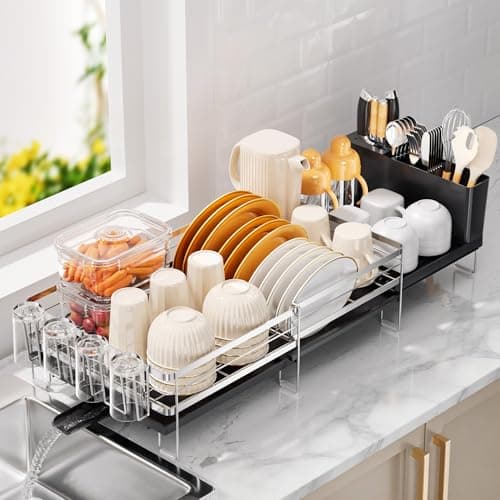 Delamu Stainless Steel Dish Drying Rack, Expandable Dish Drainer, Anti-Rust Large Dish Racks for Kitchen Counter, Dish Strainers with Drainboard, Utensil Holder & Cup Holder, 13.4"-28.7" L x 11.8" W - Image 1