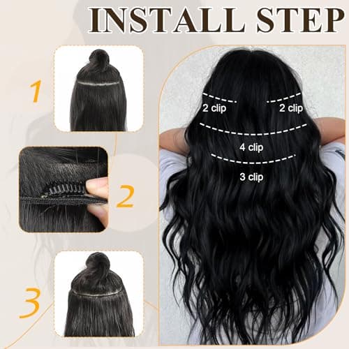 NEOWIG Dark Brown Clip in Hair Extensions 20 Inch Long Wavy Hair Extensions for Women Natural Synthetic Hairpieces 4 Pcs - Thumbnail 5