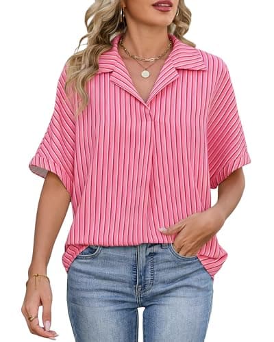 IEEILULU Womens Striped Collared Shirt Dressy Casual Short Sleeve Shirt Blouse Tops Oversized Business Work Shirts Pink Striped L - Image 1