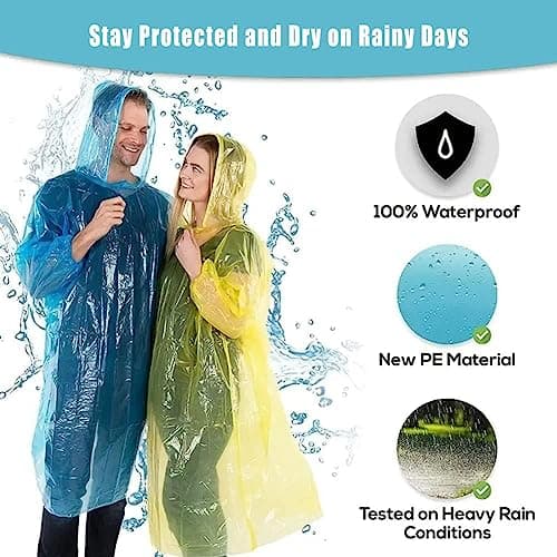12 Pack Clear Rain Ponchos with Hood for Adults, Family, 3 Colors 51.1 Inches Emergency Raincoats (12, Red+ Yellow+ Blue) - Thumbnail 5