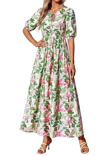 KIRUNDO Spring Dresses for Women 2026 Summer Wedding Guest Boho Floral 3/4 Sleeve Beach Vacation Cruise Flowy Maxi Dress(Green, Medium) - Thumbnail 2