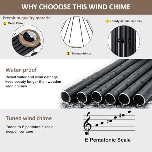 Wind Chimes Outside Deep Tone, 45 in WindChimes Large with 6 Heavy Tubes, Large Deep Tone Wind Chime Outdoor for Garden Hanging Décor,Sympathy Gifts, Black - Thumbnail 2