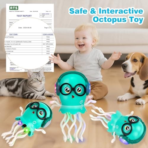Dancing Octopus Baby Toys, Light Up Music Tummy Time Toys with 2 Flash Lights,Moving Electric Crawling Squid Toy for Babies with 1 Wheel,Baby Toy for 3 4 5 Year Old Boy Girl Christmas Birthday Gifts - Thumbnail 5