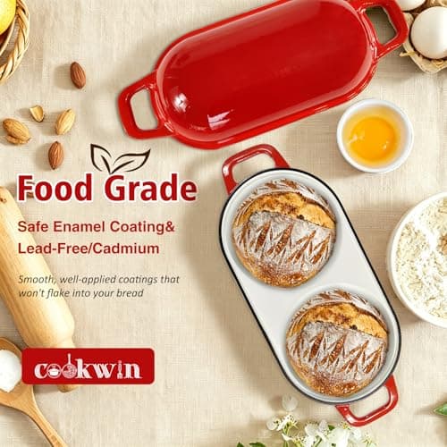 Double Loaf Dutch Oven with Lid, Enameled Cast Iron Bread Pan, Dual Compartment for Baking Sourdough Loaves, Even Heat, Non-Stick And Oven Safe 500°F, Red - Thumbnail 3