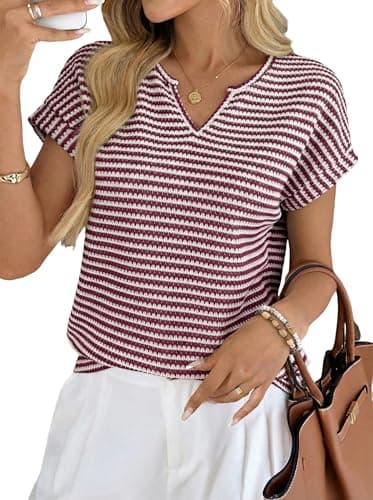 EVALESS Womens Spring Summer V Neck Dressy Casual Striped Tops Blouses 2025 Fashion Trendy Cute Work Business Cap Short Sleeve Basic T Shirts,Red Stripe X-Large - Image 1