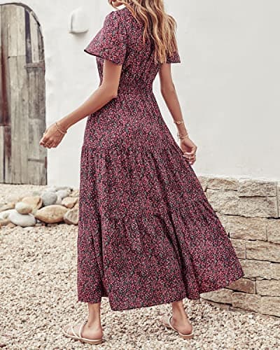 PRETTYGARDEN Women's Summer Casual Short Flutter Sleeve Round Neck Smocked Waist Tiered Boho Floral Flowy Maxi Dress(Floral Black and Red,X-Large) - Thumbnail 4