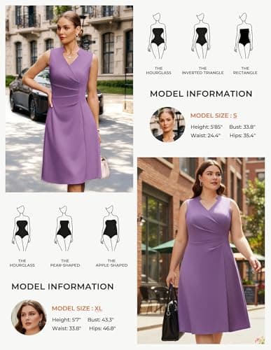 GRACE KARIN Women 2026 Summer Work Dress Sleeveless V Neck Elegant Midi Dresses A Line Ruched Waist Business Dresses Lavender Purple 2XL - Thumbnail 3