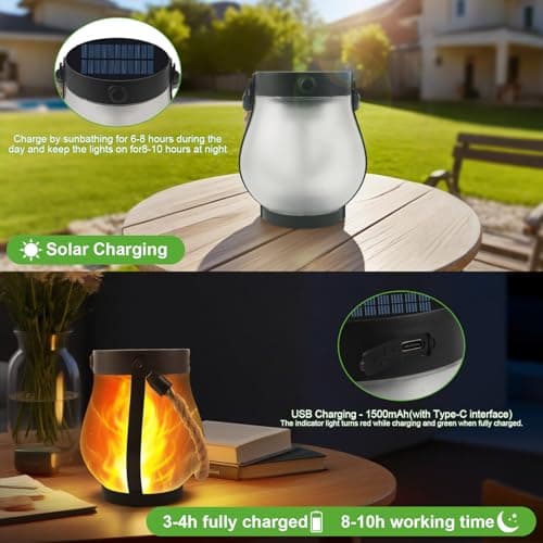 Solar Lanterns Outdoor Lights,Upgraded Flickering Flame Solar Lanterns Lights with 2 Modes Dual Charging USB & Solar, Outdoor Waterproof Hanging Lantern for Party Holiday Yard Patio Path Garden Decor - Thumbnail 2