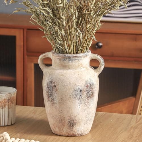 Farmhouse Ceramic Vase with Handle,9.7 inch Handcrafted Vintage Terracotta Pottery Vases for Shelf Decor, Coffee Table Styling, or Bedroom Accent - Image 1