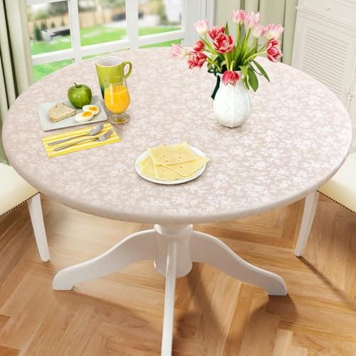 Smiry Round Picnic Tablecloth, Elastic Waterproof Fitted Heavy Duty Vinyl Tablecloths for 45"-56" Tables, Wipeable Washable Table Cover for Kitchen, Dining, Camping, Outdoor, Beige - Image 1