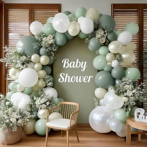Sage Green White Balloon Garland, Double Stuffed Dusty Green Sand White Pearl Balloons Pastel Balloon Arch Kit for Baby Shower Birthday Bridal Wedding Gender Reveal Easter Party Decorations - Image 1