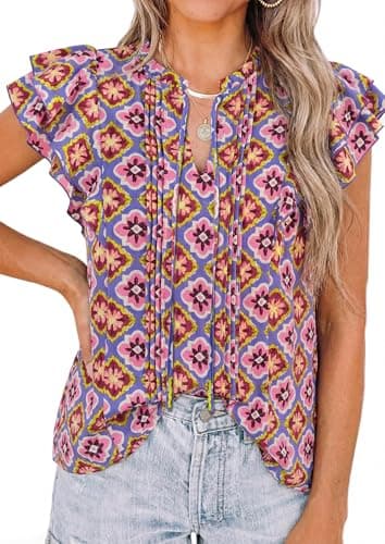 PRETTYGARDEN Women's Boho Flutter Sleeve Blouses Floral Print V Neck Summer Tops Casual Dressy Work Shirts Spring Clothes (Floral Purple Red,XXL) - Image 1