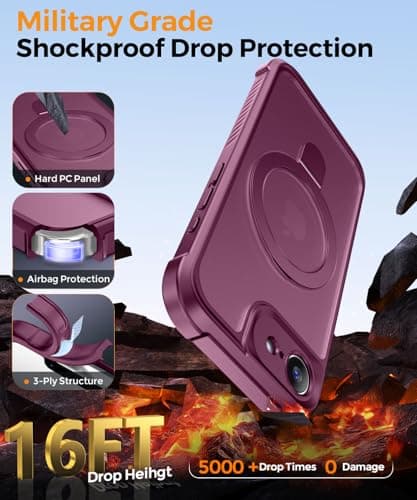 MOCCA for iPhone 17e Case & iPhone 16e Case with Magnetic Invisible Stand [Full Camera Protection][Compatible with Magsafe] Military Drop Shockproof Translucent Matte Phone Case Cover 6.1",Wine Red - Thumbnail 5