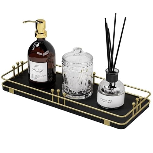 Pursura Bathroom Vanity Tray for Countertop Toiletries Perfume Makeup Soap Dispenser Toilet Tank, Kitchen Tray for Salt Spice, Decor Tray for Candle Nightstand Coffee 11.3”x 4.4” Black-Gold - Image 1