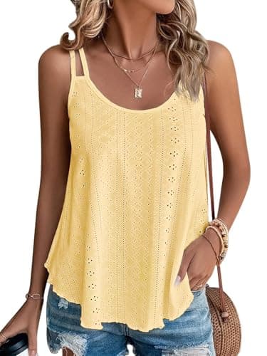 ATHMILE Boho Tops Women's Tank Tops Eyelet Embroidery Sleeveless Spaghetti Strap Scoop Neck Sexy Loose Fit Casual Summer Flowy Cami Yellow - Image 1