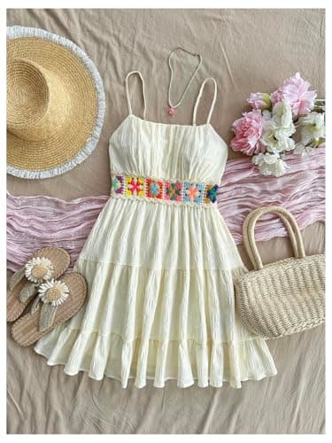 MakeMeChic Women's Floral Boho Mini Dress Spaghetti Strap Shirred Flowy A Line Cami Dresses Apricot X-Large - Thumbnail 6