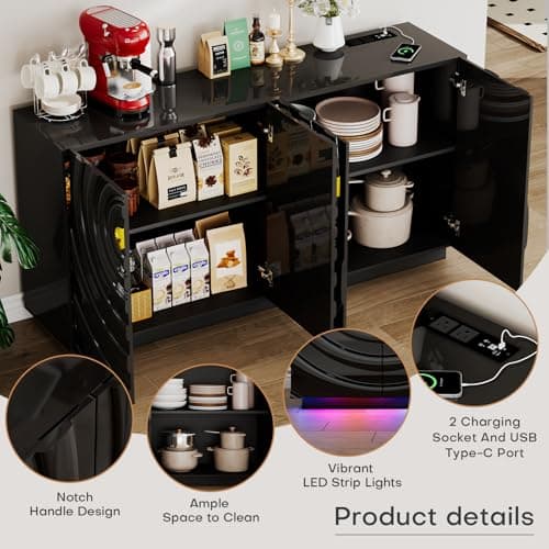 LVSOMT 63" High-Gloss Sideboard Buffet Cabinet with Storage, Large Coffee bar Cabinet with RGB Lights and Power Outlet, Modern Console with 4 Doors for Kitchen and Living Room, Black - Thumbnail 4