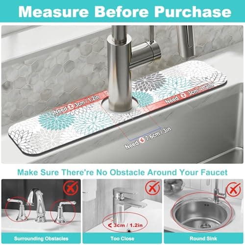 Findosom 2PCS 12" x 20" Dish Drying Mat & 24" x 5.5" Sink Splash Guard, Super Absorbent & Cuttable Dish Mat Drying Kitchen Mat with Teal Floral, Hide Stain Drying Mat for Kitchen Counter - Thumbnail 3