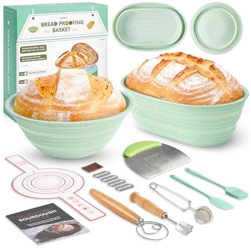 Napute Silicone Sourdough Breads Baking Supplies, Sourdough Starter Kit, Banneton Bread Proofing Basket Set with 9" Round & 10" val, Artisan Bread Baking Tools, Silicone Bread Sling - Image 1